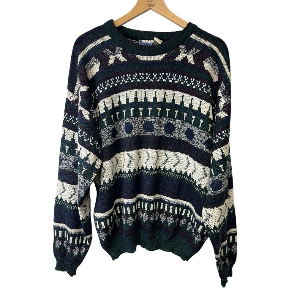 VINTAGE Todays News Sweater Unisex Adult Geometric Pattern Grandpa Fisherman XL